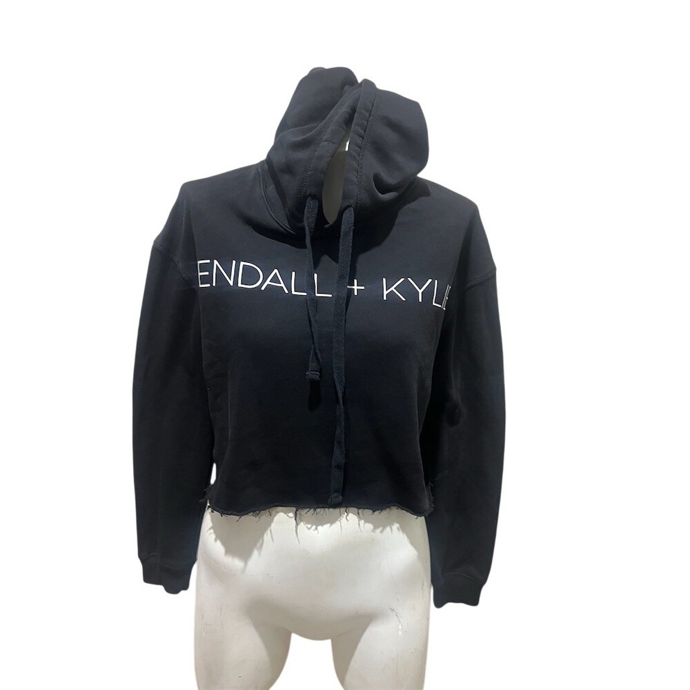 Kendall + Kylie Hoodie Womens M Black Cropped Pullover Raw Hem Logo Front